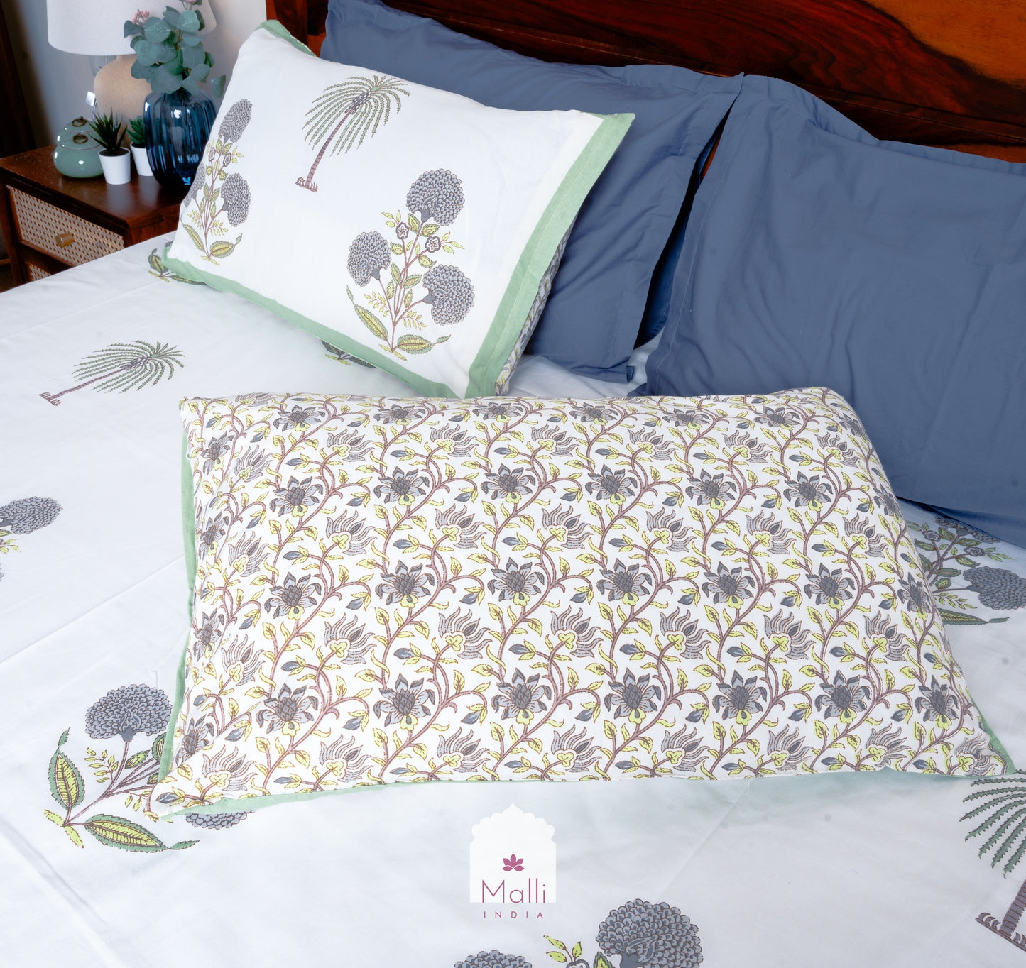 Grey chrysanthemum palm buti with green border - Pure cotton double bedsheet handblock printed