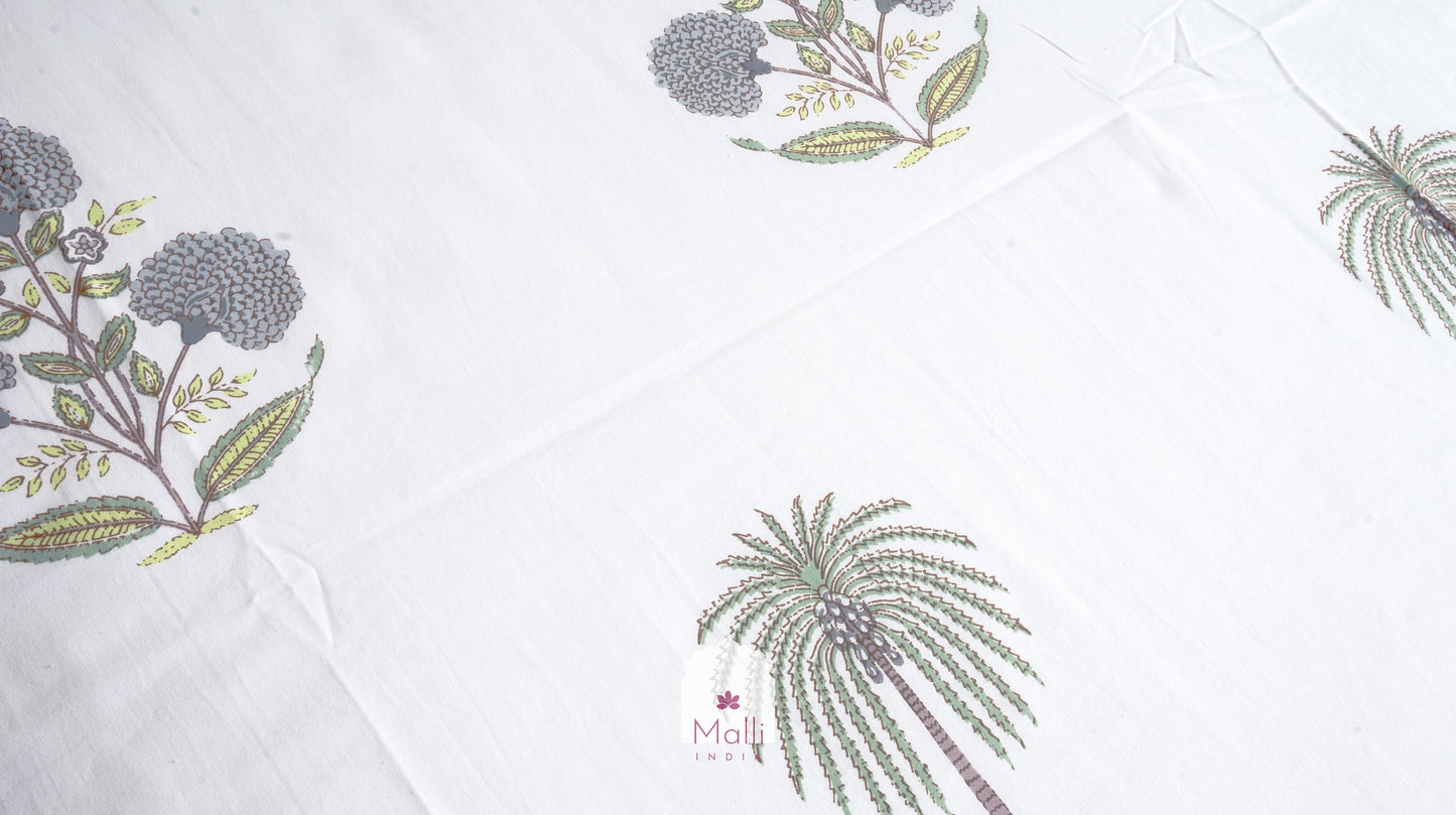 Grey chrysanthemum palm buti with green border - Pure cotton double bedsheet handblock printed