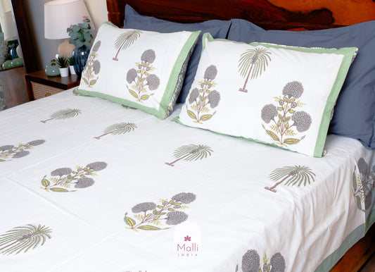 Grey chrysanthemum palm buti with green border - Pure cotton double bedsheet handblock printed