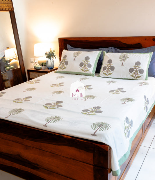 Grey chrysanthemum palm buti with green border - Pure cotton double bedsheet handblock printed