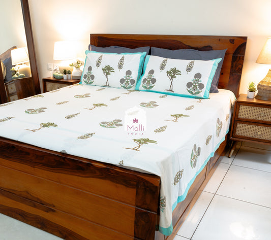 Grey chrysanthemum, palm & leaf buti - Pure cotton double bedsheet handblock printed