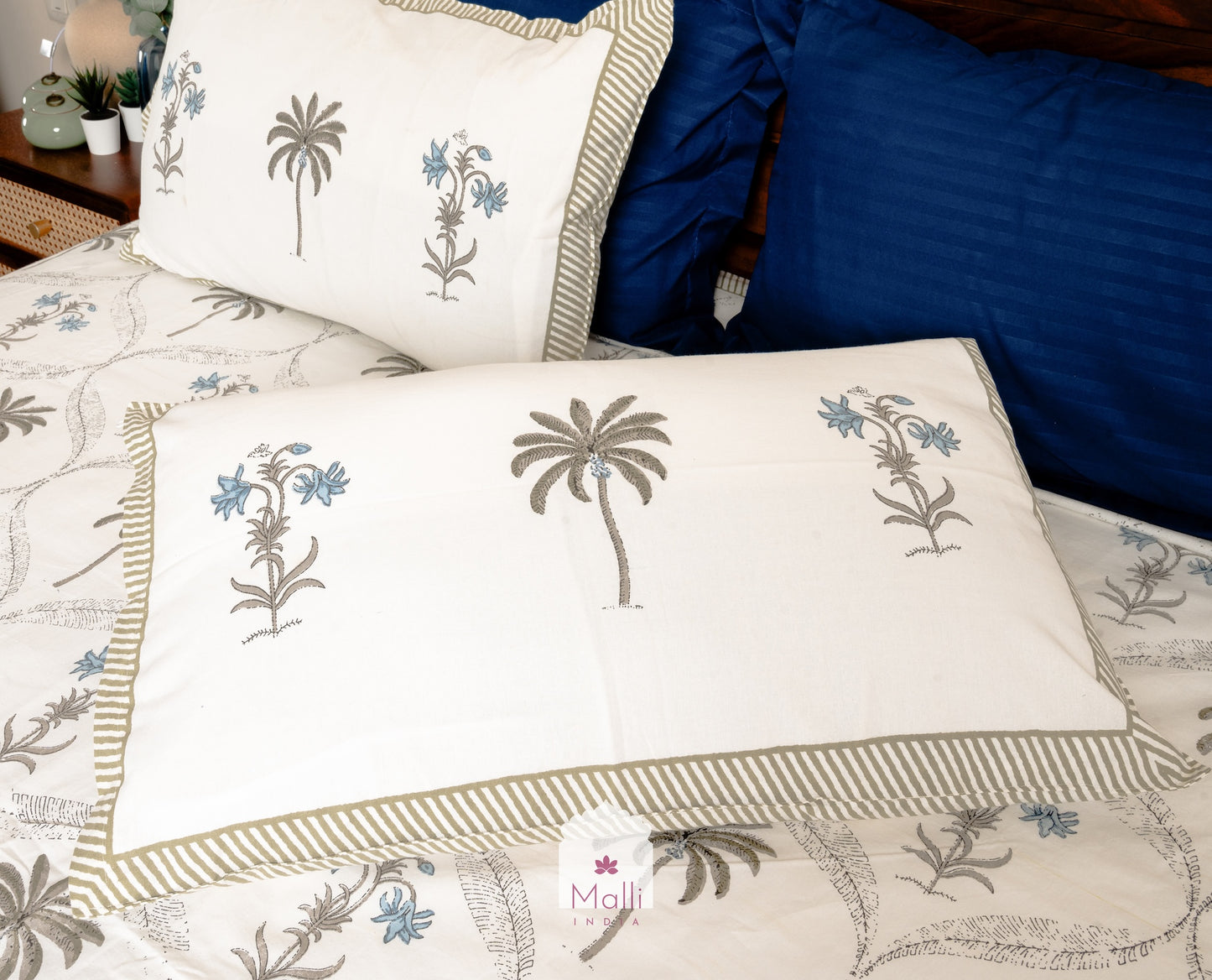 Grey palm & blue petunia jaal - Pure cotton double bedsheet handblock printed