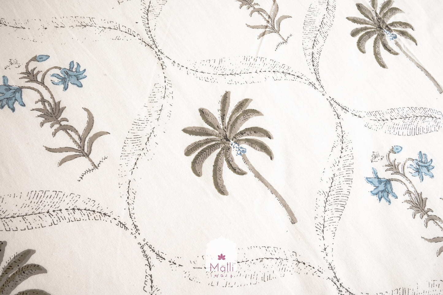 Grey palm & blue petunia jaal - Pure cotton double bedsheet handblock printed