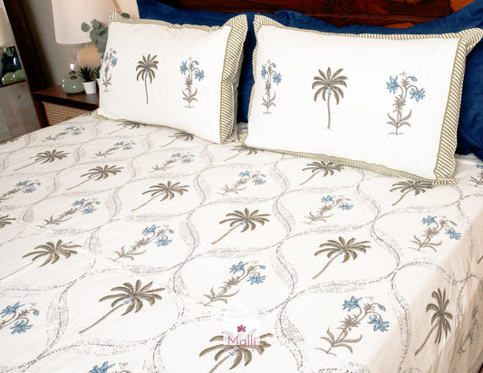 Grey palm & blue petunia jaal - Pure cotton double bedsheet handblock printed