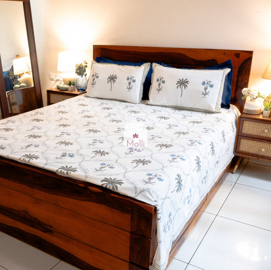 Grey palm & blue petunia jaal - Pure cotton double bedsheet handblock printed