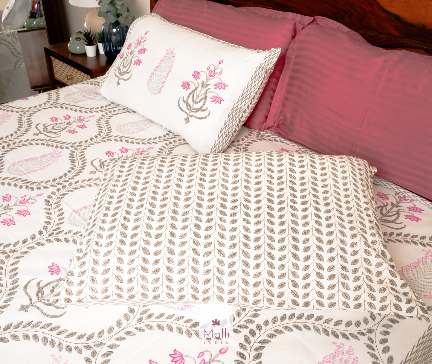 Mughal pink lotus in grey leaf jaal - Pure cotton double bedsheet handblock printed