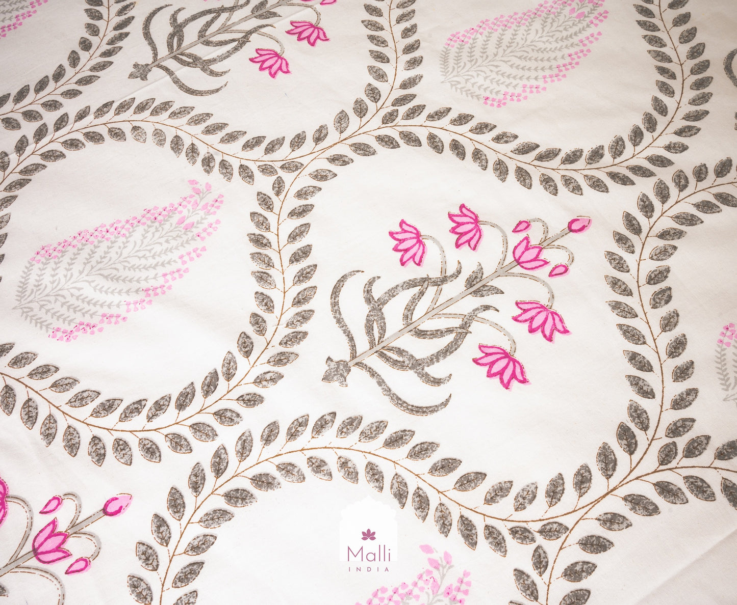 Mughal pink lotus in grey leaf jaal - Pure cotton double bedsheet handblock printed