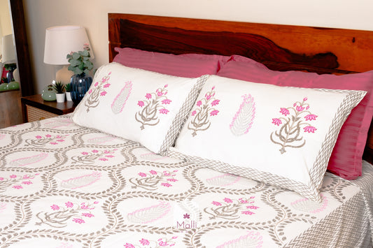 Mughal pink lotus in grey leaf jaal - Pure cotton double bedsheet handblock printed