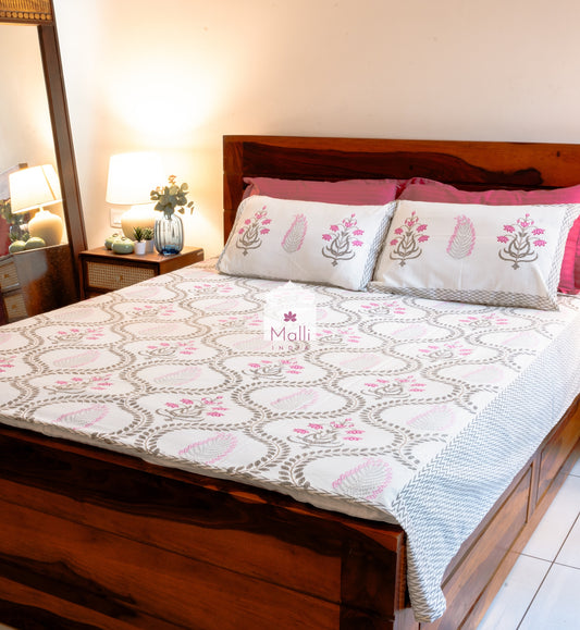 Mughal pink lotus in grey leaf jaal - Pure cotton double bedsheet handblock printed