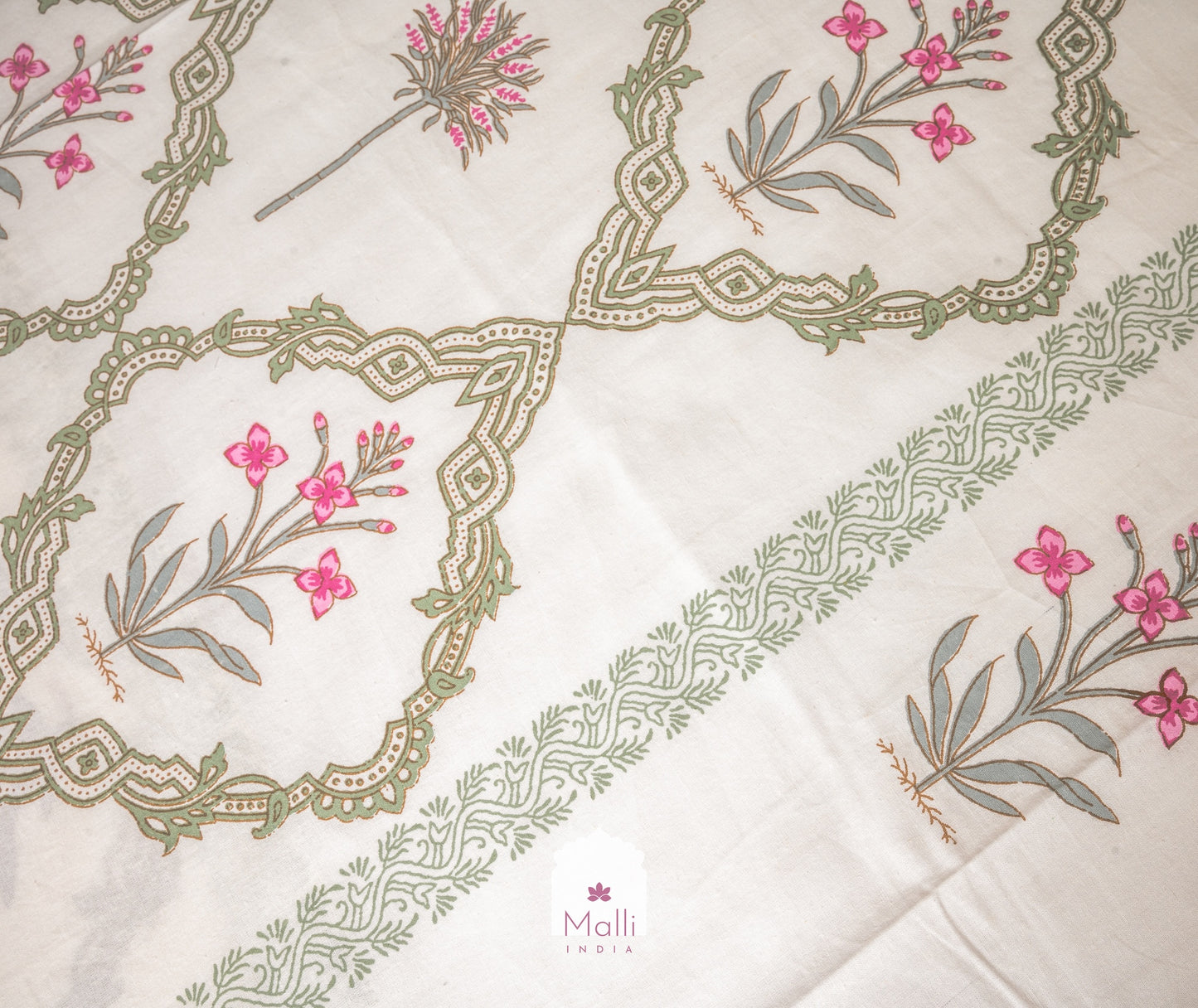 Pink madhumalti & green shrub buti with jaal at the centre - Pure cotton double bedsheet handblock printed