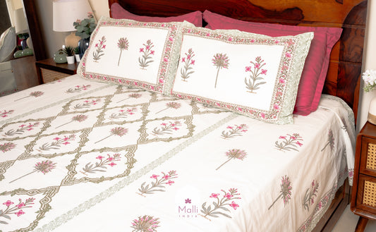 Pink madhumalti & green shrub buti with jaal at the centre - Pure cotton double bedsheet handblock printed