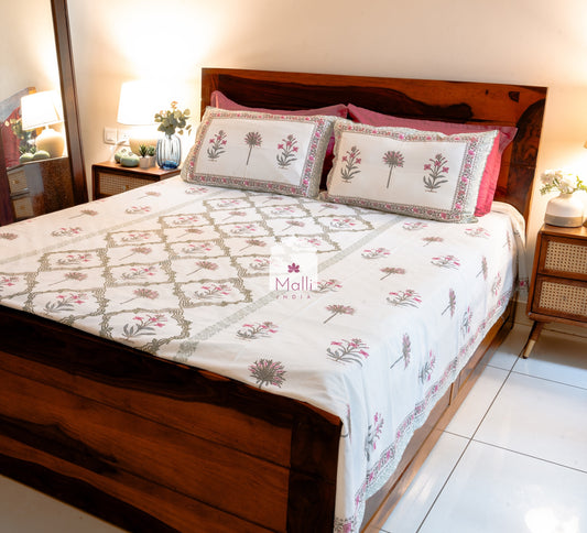 Pink madhumalti & green shrub buti with jaal at the centre - Pure cotton double bedsheet handblock printed