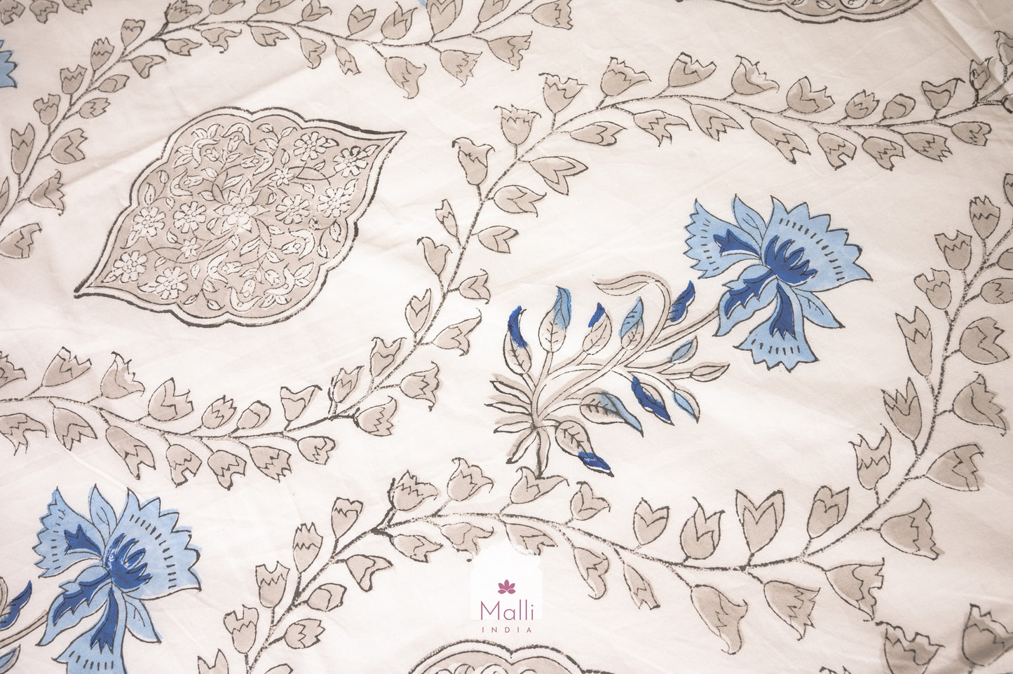 Blue & grey floral jaal - Pure cotton double bedsheet handblock printed (Super king)