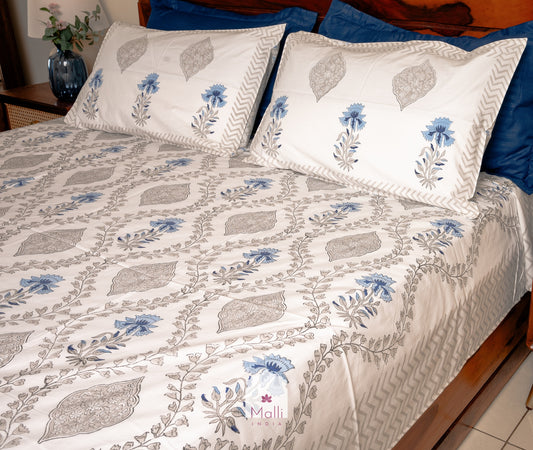 Blue & grey floral jaal - Pure cotton double bedsheet handblock printed (Super king)