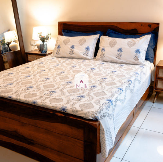 Blue & grey floral jaal - Pure cotton double bedsheet handblock printed (Super king)