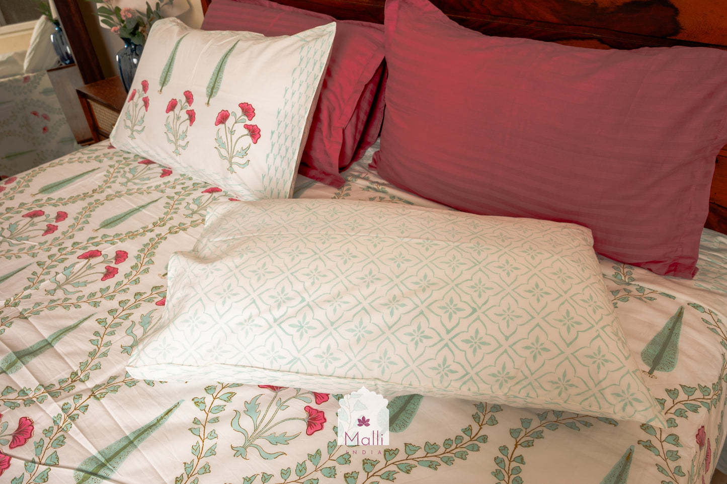 Gulabi Baagh Jaal - Pure cotton double bedsheet handblock printed (Super king)