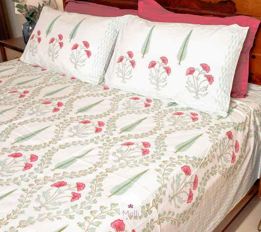 Gulabi Baagh Jaal - Pure cotton double bedsheet handblock printed (Super king)