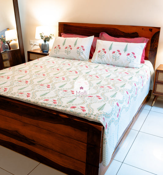Gulabi Baagh Jaal - Pure cotton double bedsheet handblock printed (Super king)