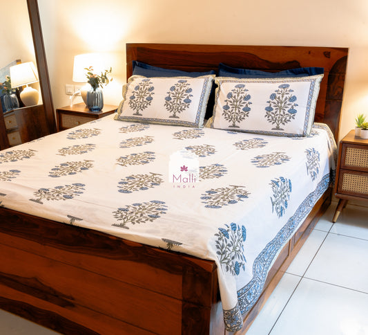 Blue chrysanthemum - Pure cotton double bedsheet handblock printed (Super king)