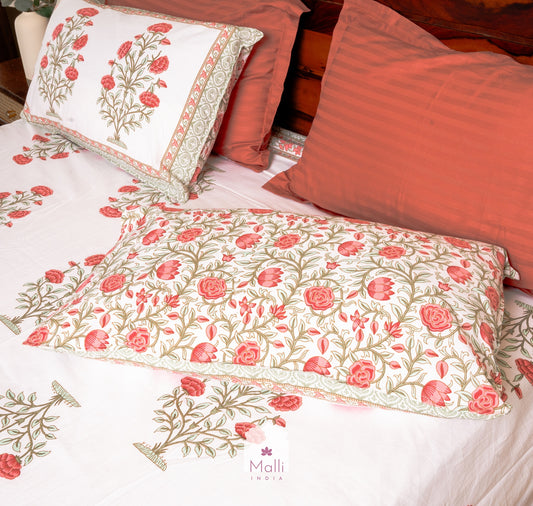 Peach chrysanthemum - Pure cotton double bedsheet handblock printed (Super king)