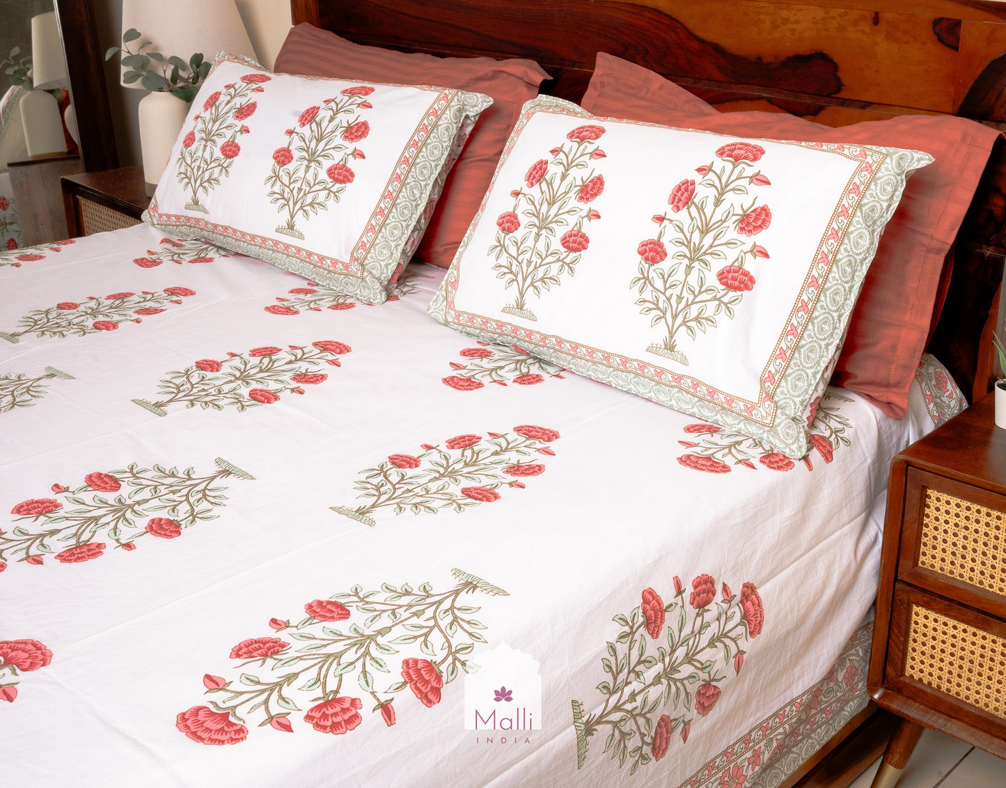Peach chrysanthemum - Pure cotton double bedsheet handblock printed (Super king)