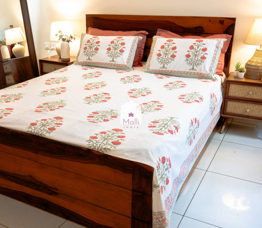 Peach chrysanthemum - Pure cotton double bedsheet handblock printed (Super king)
