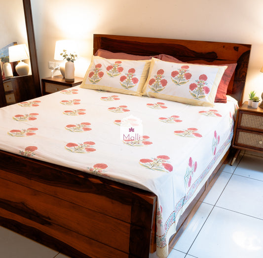 Peach marigold buti - Pure cotton double bedsheet handblock printed (Super king)