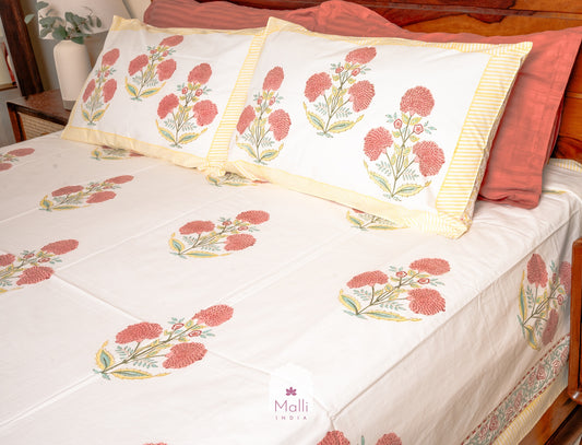 Peach marigold buti - Pure cotton double bedsheet handblock printed (Super king)