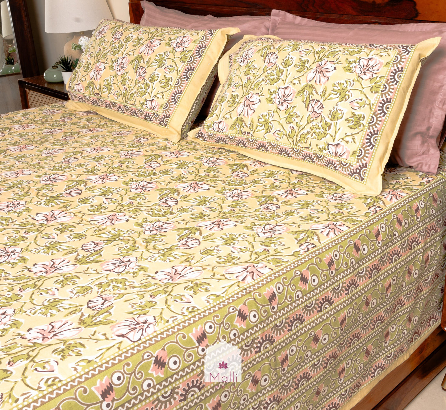 Floral jaal on mustard base - Pure cotton double bedsheet handblock printed (Super king)