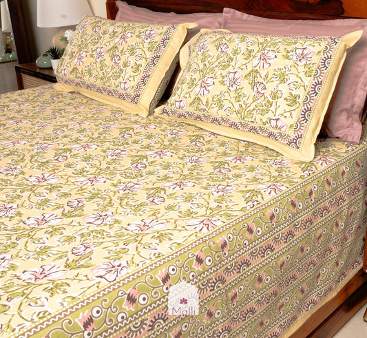 Floral jaal on mustard base - Pure cotton double bedsheet handblock printed (Super king)