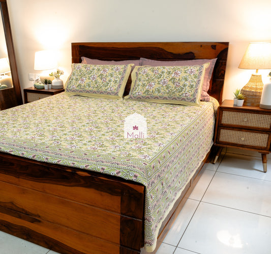 Floral jaal on mustard base - Pure cotton double bedsheet handblock printed (Super king)
