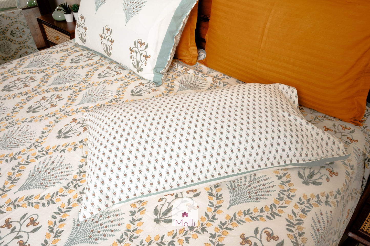 Yellow florals & grey jaal - Pure cotton double bedsheet handblock printed (Super king)