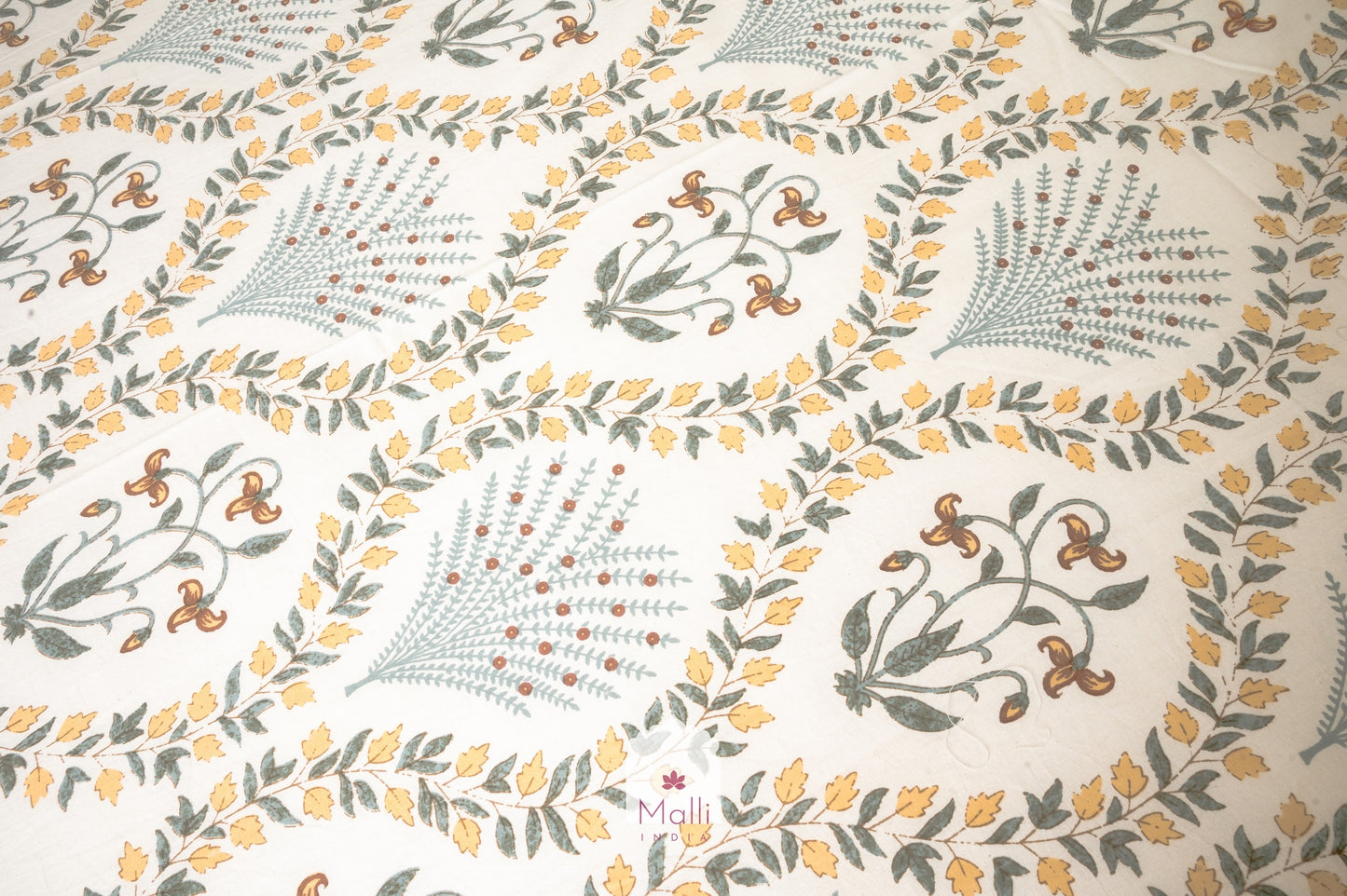 Yellow florals & grey jaal - Pure cotton double bedsheet handblock printed (Super king)