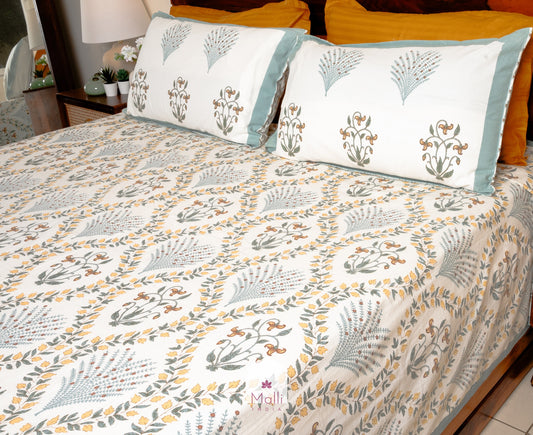 Yellow florals & grey jaal - Pure cotton double bedsheet handblock printed (Super king)