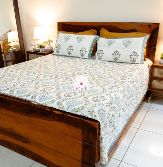 Yellow florals & grey jaal - Pure cotton double bedsheet handblock printed (Super king)