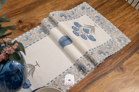 Blue hibiscus bunch - 6 seater runner in canvas cotton