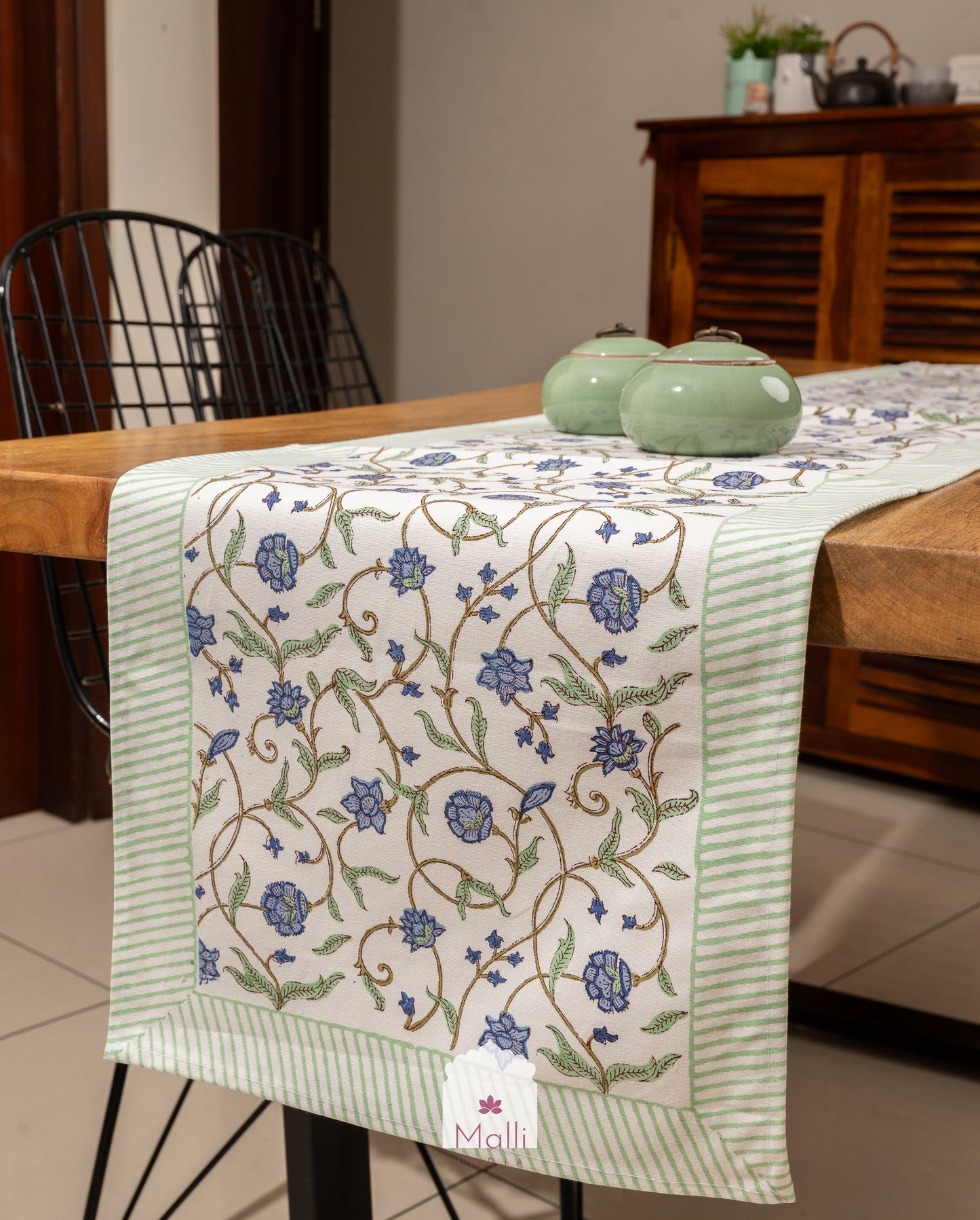 Blue jaal with green border - 6 seater runner in canvas cotton