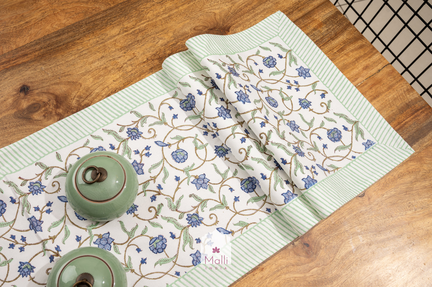 Blue jaal with green border - 6 seater runner in canvas cotton