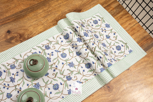 Blue jaal with green border - 6 seater runner in canvas cotton