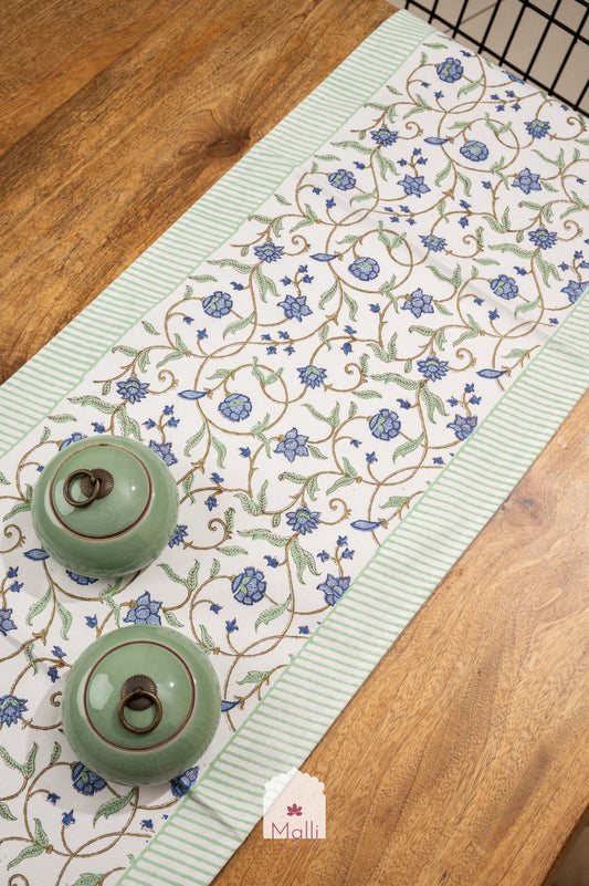 Blue jaal with green border - 6 seater runner in canvas cotton