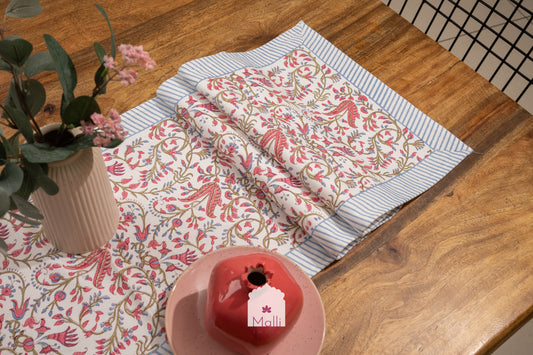 Laal baagh jaal with blue border - 6 seater runner in canvas cotton