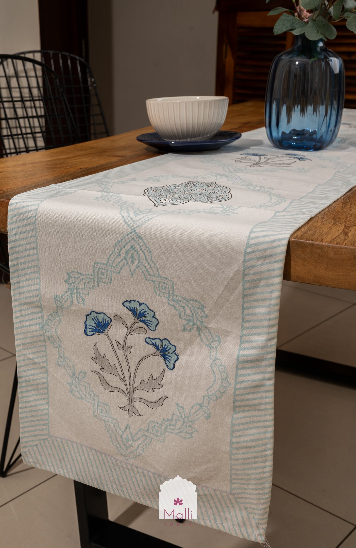 Light & dark blue jaal with border - 6 seater runner in canvas cotton