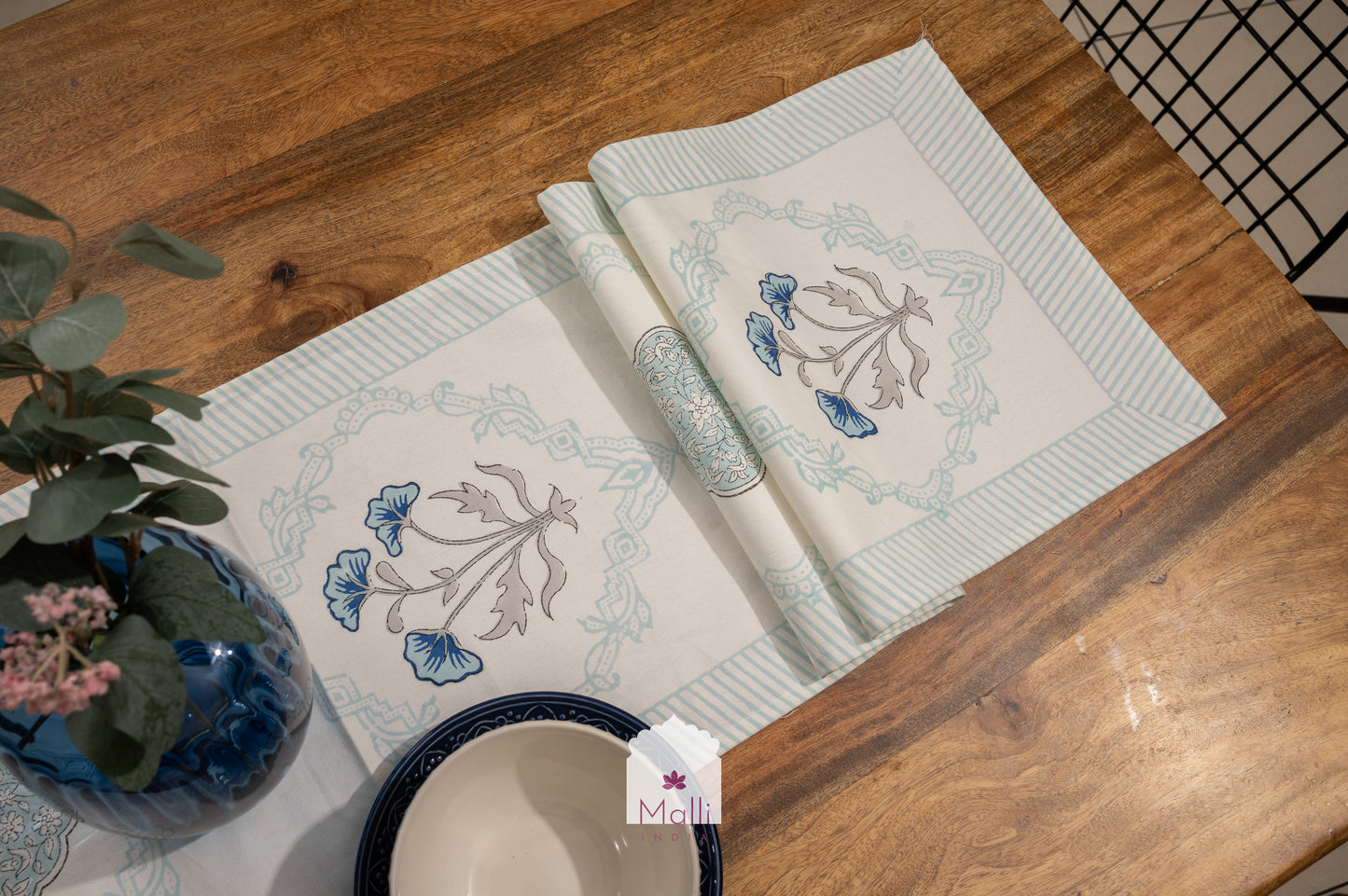 Light & dark blue jaal with border - 6 seater runner in canvas cotton