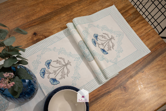 Light & dark blue jaal with border - 6 seater runner in canvas cotton
