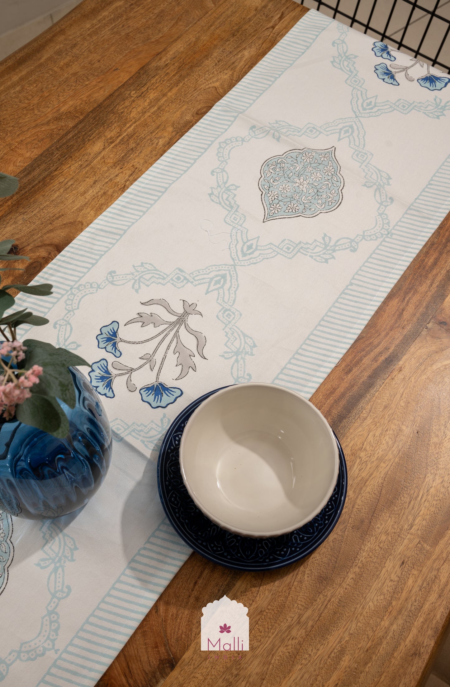 Light & dark blue jaal with border - 6 seater runner in canvas cotton