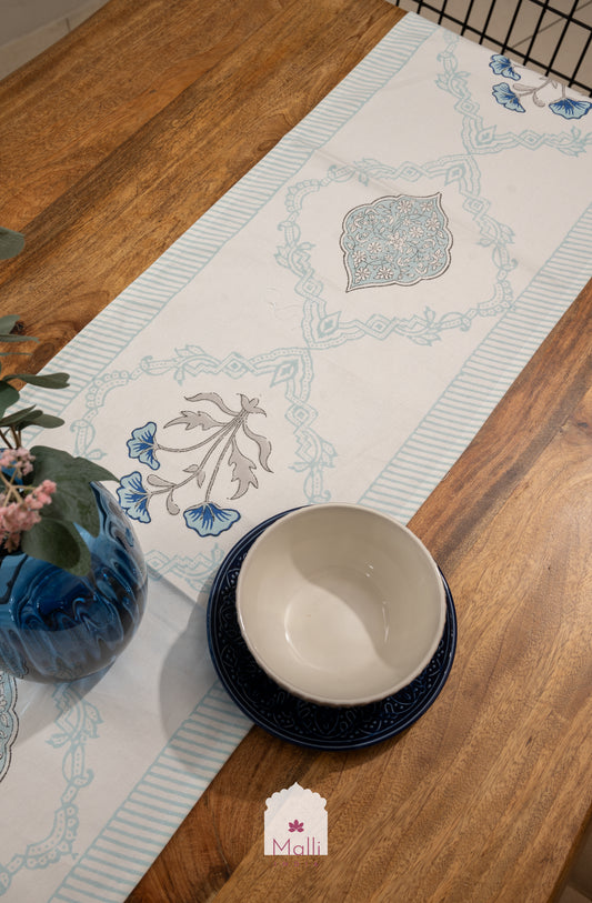 Light & dark blue jaal with border - 6 seater runner in canvas cotton