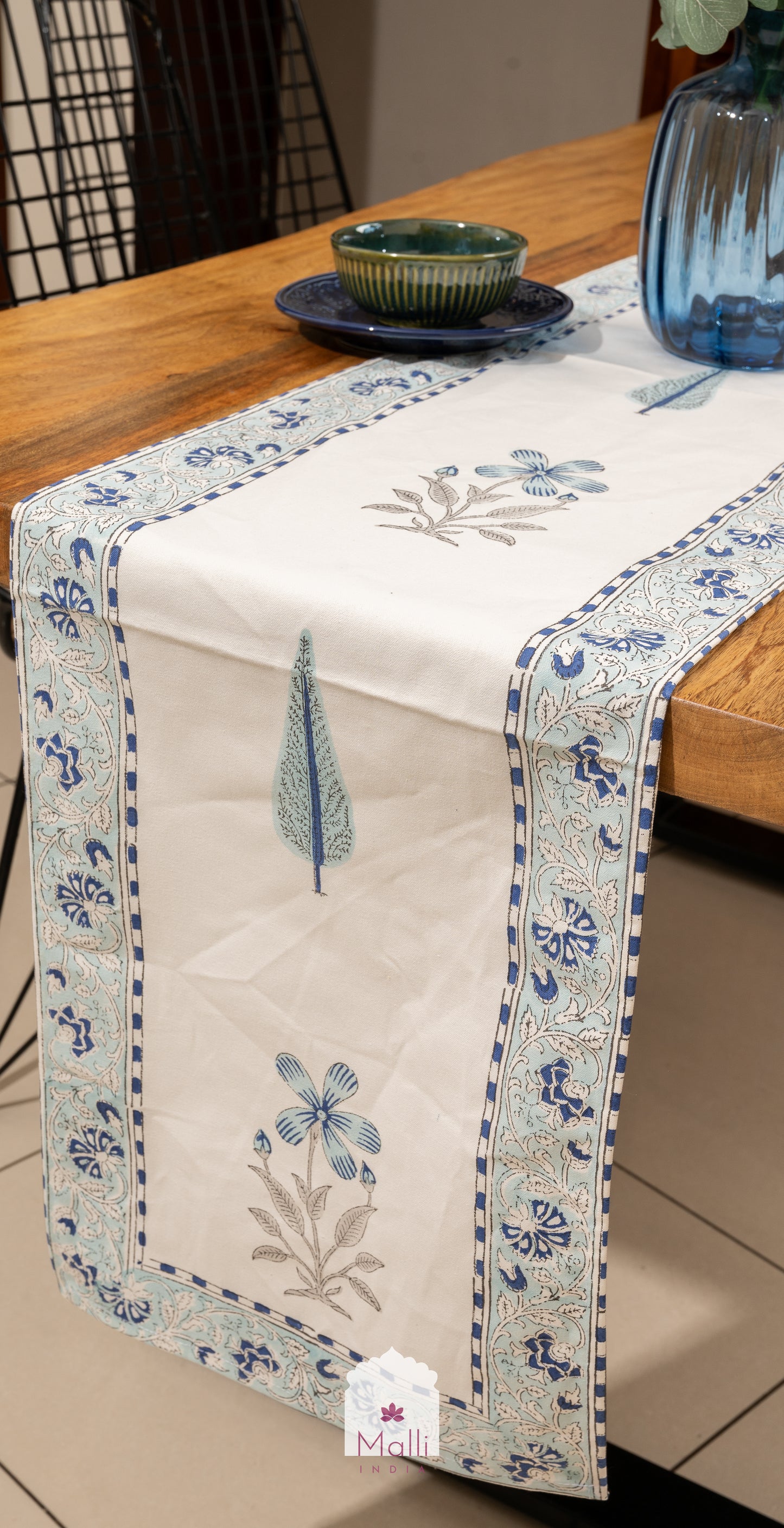 Blue florals with floral border - 6 seater runner in canvas cotton