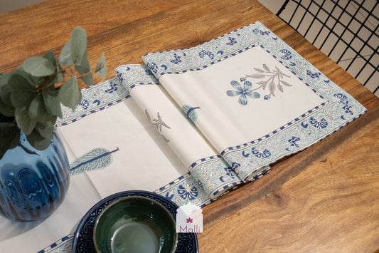 Blue florals with floral border - 6 seater runner in canvas cotton