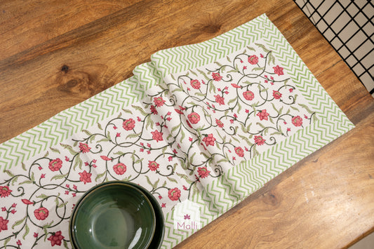 Peach floral jaal with green border - 6 seater runner in canvas cotton