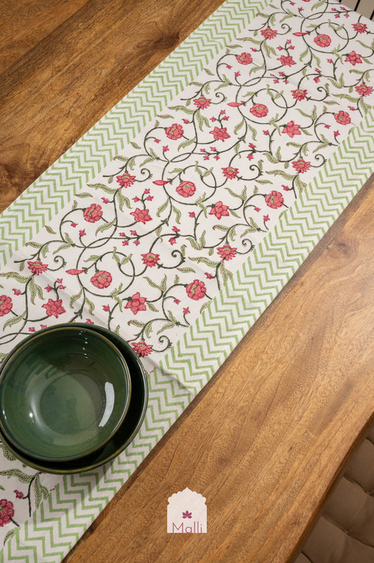 Peach floral jaal with green border - 6 seater runner in canvas cotton